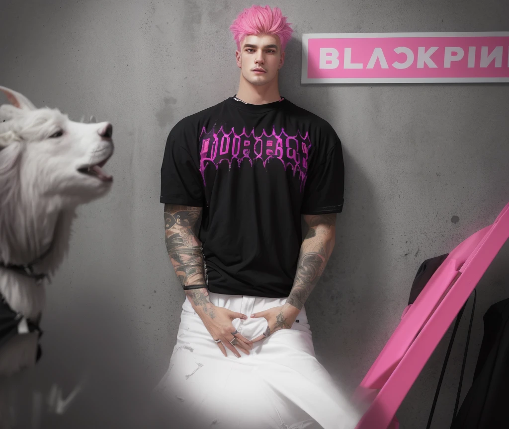 there is a man standing in front of a pink chair, inspirado em Ralph Burke Tyree, bblurry, he is wearing a black t-shirt, diselpunk, * splash of color *, a sheep, wearing a black!! t - shirt, Elfopunk, inspired by Olaf Rude, floralpunk, Blurry, inspirado em Rodney Joseph Burn, torn garments