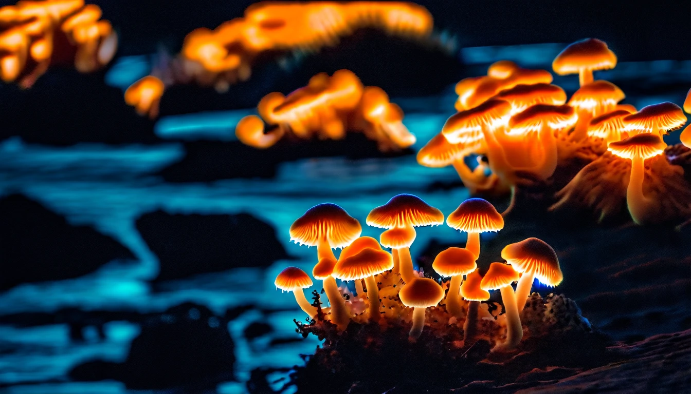 Glowing Fungi on Shore: A close-up shot of a cluster of bioluminescent mushrooms growing on the shoreline at night. The mushrooms are a vibrant orange color and emit a soft, pulsing light that illuminates the surrounding area. The sandy beach is dark and shadowy, with occasional waves crashing against the shore. In the distance, there is a silhouette of a lighthouse standing tall and proud, casting its own beam of light into the sky. The scene is both eerie and captivating, as if witnessing a magical and otherworldly phenomenon.