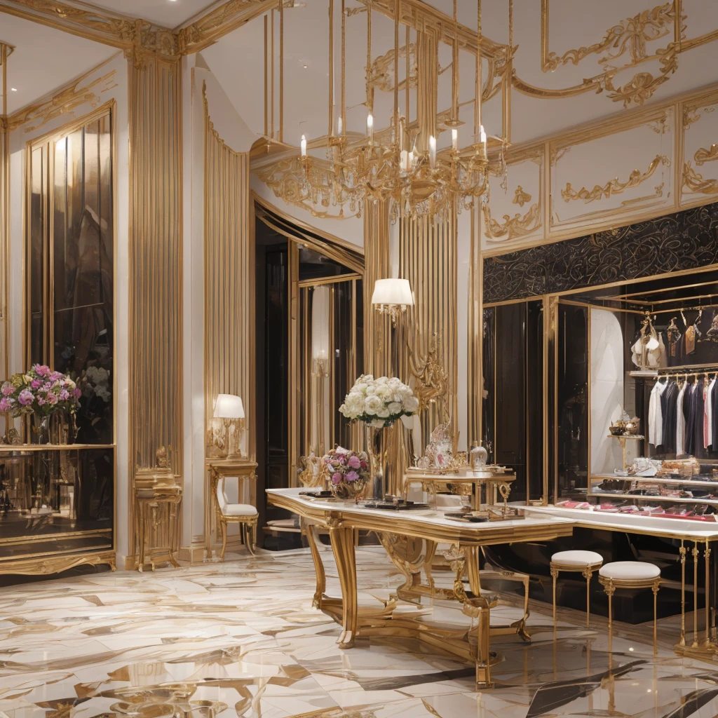 a high-end fashion store, stylish mannequins, elegant interior design, luxury retail setting, dramatic lighting, glossy hardwood floors, mirrored walls, sophisticated window displays, glamorous apparel, detailed clothing textures, high-quality fabrics, high fashion models, dynamic poses, glamorous makeup and hairstyles, (best quality,4k,8k,highres,masterpiece:1.2),ultra-detailed,(realistic,photorealistic,photo-realistic:1.37),luxury,chic,editorial,cinematic