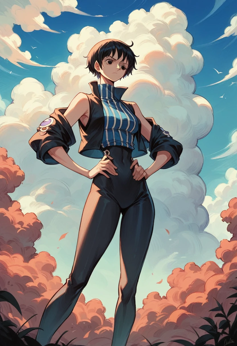 (masterpiece), Best Quality, _one piece, 1 girl, Alone, , old, Alas, sleeveless high neck, short black hair, bodysuit blanco, standing thighs, black jacket, hands on the hips, outdoor, nature, on the cloud, blue sky