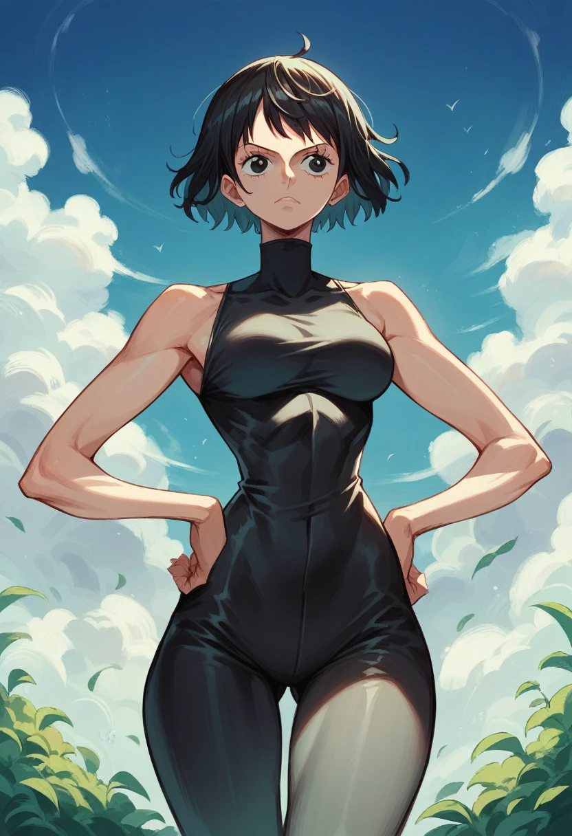 (masterpiece), Best Quality, _one piece, 1 girl, Alone, , old, Alas, sleeveless high neck, short black hair, bodysuit blanco, standing thighs, black jacket, hands on the hips, outdoor, nature, on the cloud, blue sky