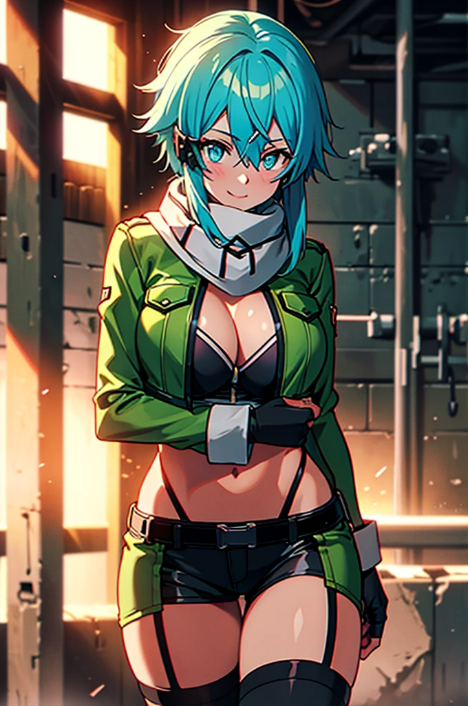 at a dungeon, dark dungeon, prison cell, sinon1, scarf, fingerless gloves, long sleeves, short shorts, hair ornament, hairclip, green thighhighs, green jacket, thigh strap, teasing face, undressing, hot, sweat, looking at viewer, light smile,huge breast,facing pov,slim waist,huge hips,posing,massive cleavage,breast almost overflow,taking to you