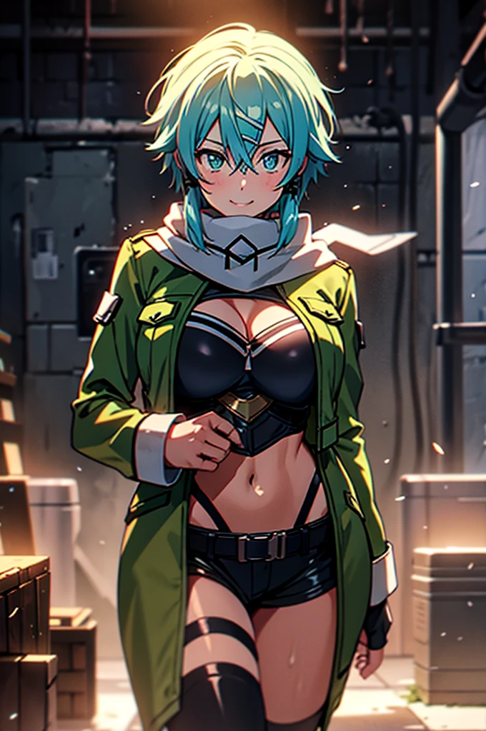 at a dungeon, dark dungeon, prison cell, sinon1, scarf, fingerless gloves, long sleeves, short shorts, hair ornament, hairclip, green thighhighs, green jacket, thigh strap, teasing face, undressing, hot, sweat, looking at viewer, light smile,huge breast,facing pov,slim waist,huge hips,posing,massive cleavage,breast almost overflow,taking to you