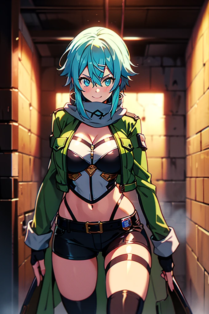 at a dungeon, dark dungeon, prison cell, sinon1, scarf, fingerless gloves, long sleeves, short shorts, hair ornament, hairclip, green thighhighs, green jacket, thigh strap, teasing face, undressing, hot, sweat, looking at viewer, light smile,huge breast,facing pov,slim waist,huge hips,posing,massive cleavage,breast almost overflow,taking to you