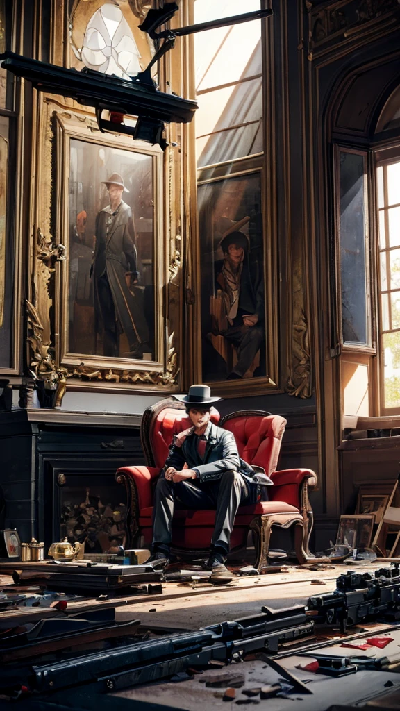 a men sitting watching tv in damaged room wearing hat while guns on the floor, detailed men, detailed room, detailed tv, detailed guns, detailed sun rays, best quality, highly detailed, masterpiece, 8k scene.
