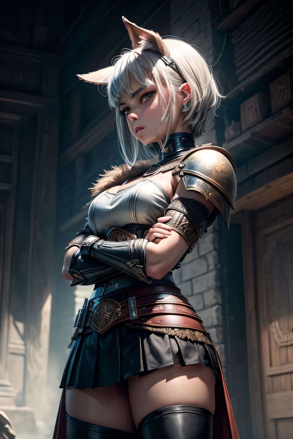 girl, A young warrior, medieval Amazonian style, (arms crossed), gray hair, leather outfit, dog ears, long thigh-high boots, shoulder armor, chest armor, old cloth mini skirt, wearing tight black long pants under skirt, angry expression on face, looking to the side, movie poster style image, movie style lighting, 15 years old, very pretty face, short tomboy style hair, profile pose