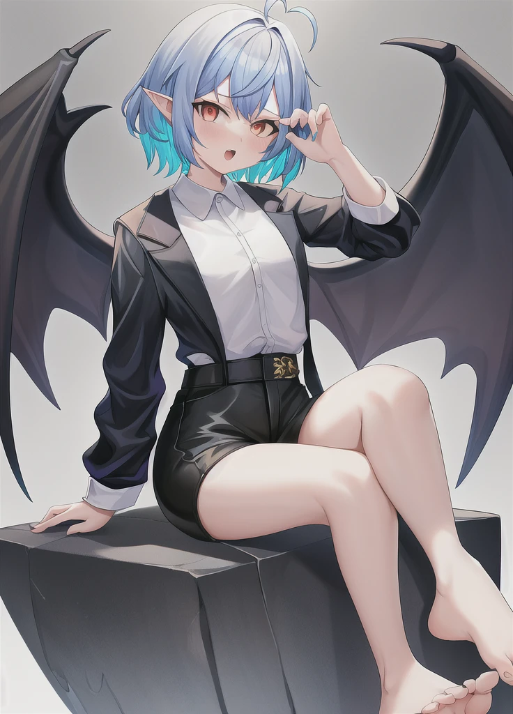 girl, solo, short hair, open mouth, bangs, simple background, shirt, long sleeves, white background, sitting, blue hair, jacket, full body, white shirt, ahoge, white hair, multicolored hair, wings, shorts, barefoot, pointy ears, hand up, feet, legs, short shorts, bare legs, toes, watermark, black shorts, bat wings, toenails, blindfold,