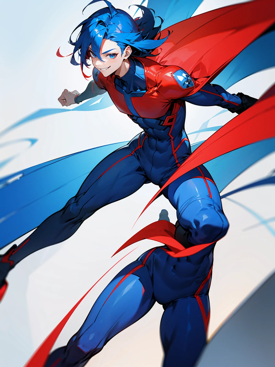 1male, adult, red and blue hair, two toned hair, half red half blue super suit, smile, lean build