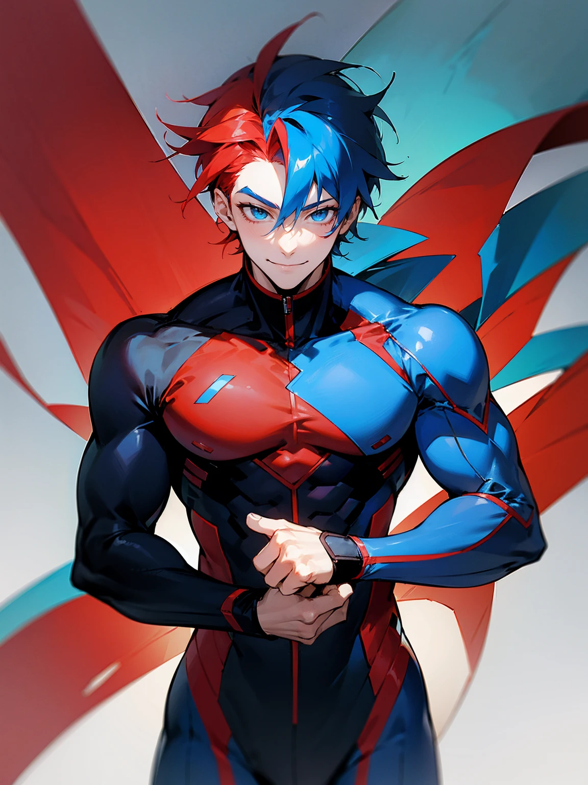 1male, adult, red and blue hair, two toned hair, half red half blue super suit, smile, lean build