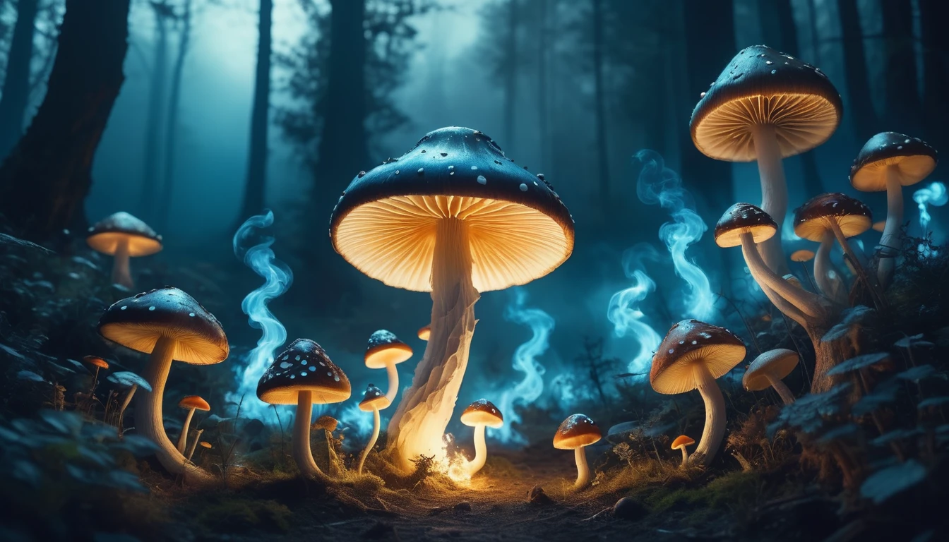 The main color is black.1book mushroom、((As the mushroom approaches the ground, Transforms into strangely shaped and terrifying smoke)).、.、Mesmerizing surreal movie stills of Alice in Wonderland, magical dreamland bokeh background, A fascinating and eerie fantasy world, Illuminates dark shooting scenes with fantastic light。, Otherworldly elements of a familiar story, ether wonderland, mystic atmosphere, Dark magic and dark fantasy realism aesthetics, (translucent bioluminescent material)、((Born in another world、A strangely shaped poisonous mushroom that emits bewitching smoke..,)) Ultra-realistic, (Voronoi pattern, depth of fields, (swirly bokeh:1.275), (Kodak Portra 400:0.875) :1.15), (Realistic and complex futuristic background, Lots of futuristic cooking utensils:1., (Turbulent Toxic Vapor:1.2, Magnificent surrealism, Blue lighting, low key light:1.1), Notable masterpieces, celestial, Ethereal, epicd, Magical Light Flare, Natural, soft dreamy lighting, ((Warm Yellow and Deep Carbon:0.7), (Cinematic Look:1.15):1.15)