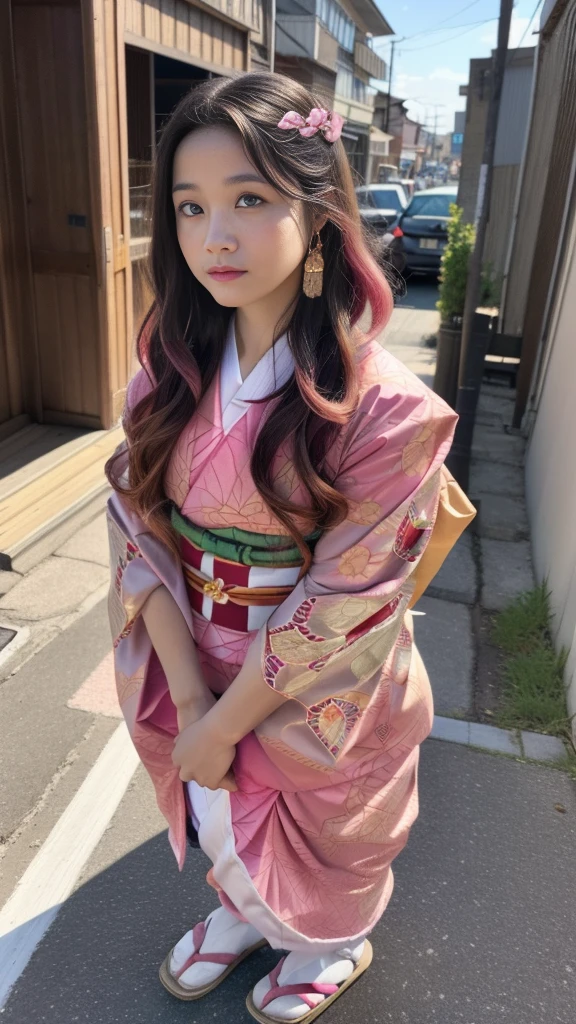 Cute Japanese woman, (16 years old), (Very cute face: 1.3), White moist skin, Looking at the camera, Melancholy expression,
BREAK,
Idol,
BREAK,
(Wearing cute kimono: 1.3), (Highly revealing kimono), Very large earrings, Short length,
BREAK,
(Fighting pose: 1.3),
BREAK,
(Long hair), (Pink hair: 1.2), (Wavy hair), (Gradient hair: 1.3), (Red hair at the ends),
BREAK,
(Realistic: 1.3), Masterpiece, Perfect lighting, (Ultra-high resolution), (8K), (Very detailed: 1.4), (From the front), (Full body: 1.3), (Symmetrical: 1.2),
BREAK,
(Japanese city streets: 1.2),
BREAK,
(Demon Slayer: 1.4),
BREAK,
(Hirose Suzu: 1.2),