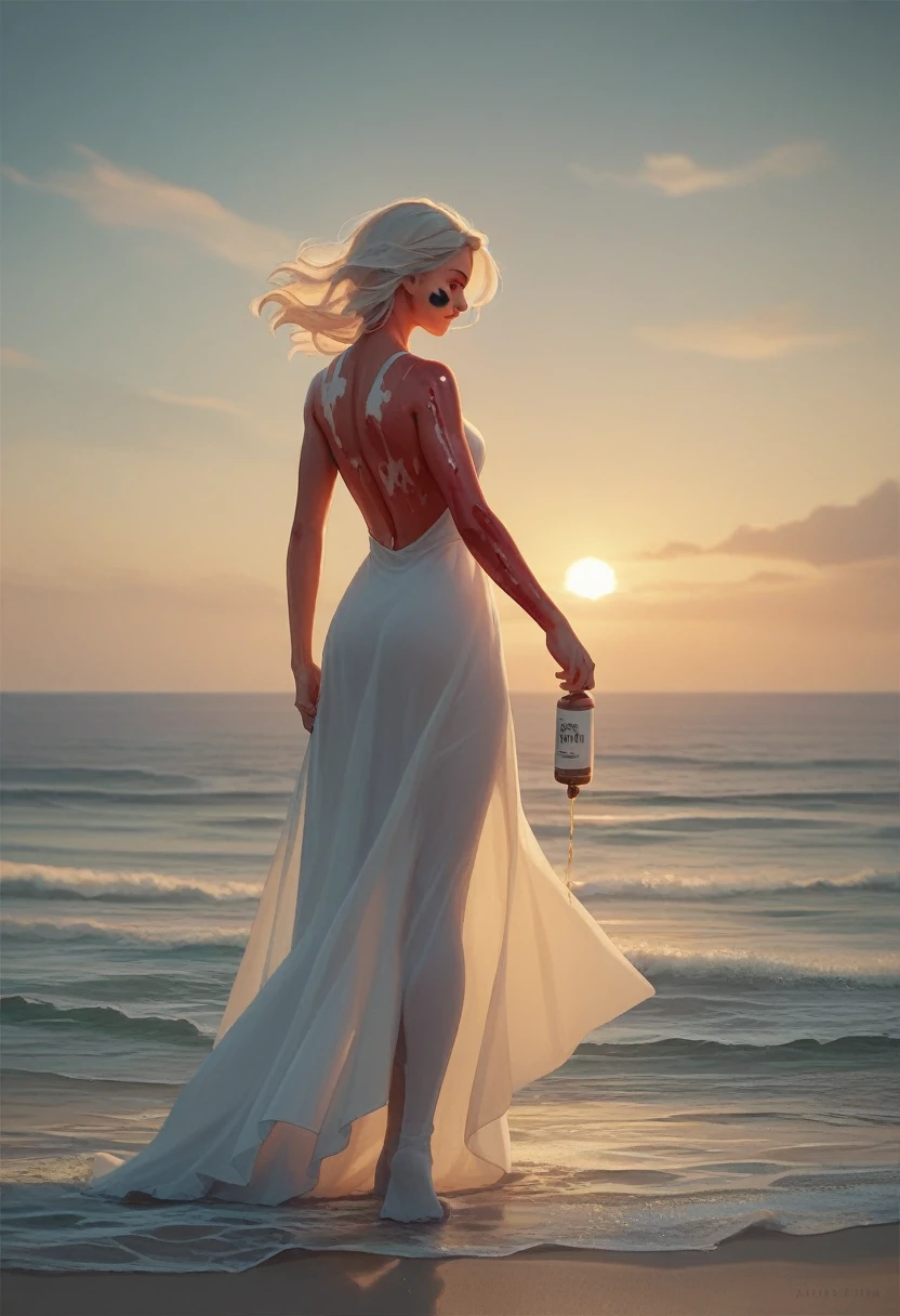 (Masterpiece. Uhd. Oil paint) a giant wild dragon in the sea looking at woman in satin evening gown standing on the beach. The woman appears to be tiny compared to the dragon size.Wind. Early morning light.movie scene. Dramatic light.