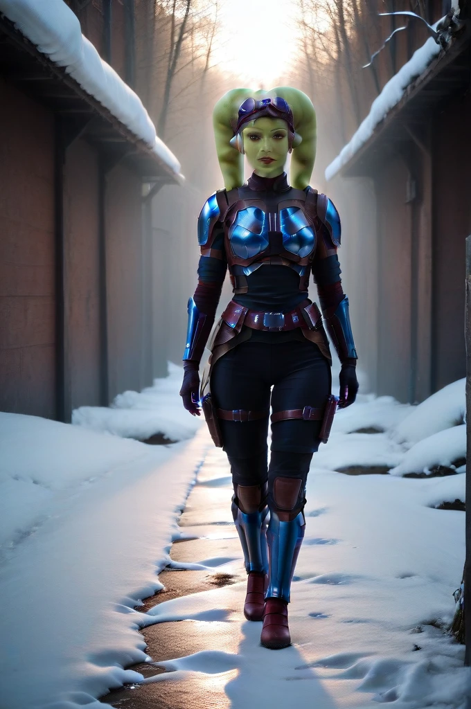 a ((fall body)) (((hera syndulla))) ((green skin )) ((female twi'lek ))mandalorian,walking on snow, ((green fire eyes )) , beautiful detailed eyes, beautiful detailed lips, extremely detailed face, long eyelashes, mandalorian armor, sci-fi, cinematic lighting, dramatic, epic, intricate details, hyper-realistic, 8k, high-quality, photorealistic
