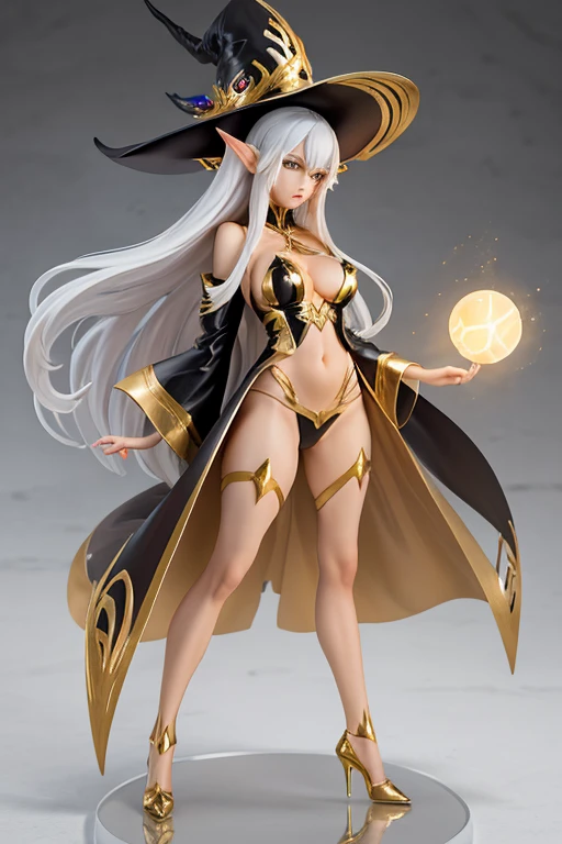 figure of beautiful tan elf, gigantic bulging breasts, long flowing white hair, Dramatic lighting, elaborate, glossy shiny wet skin, high heels, sexy black and gold high slit mage robes, , black and gold witch hat, holding a small magical orb with an aura around it, HD, 4k