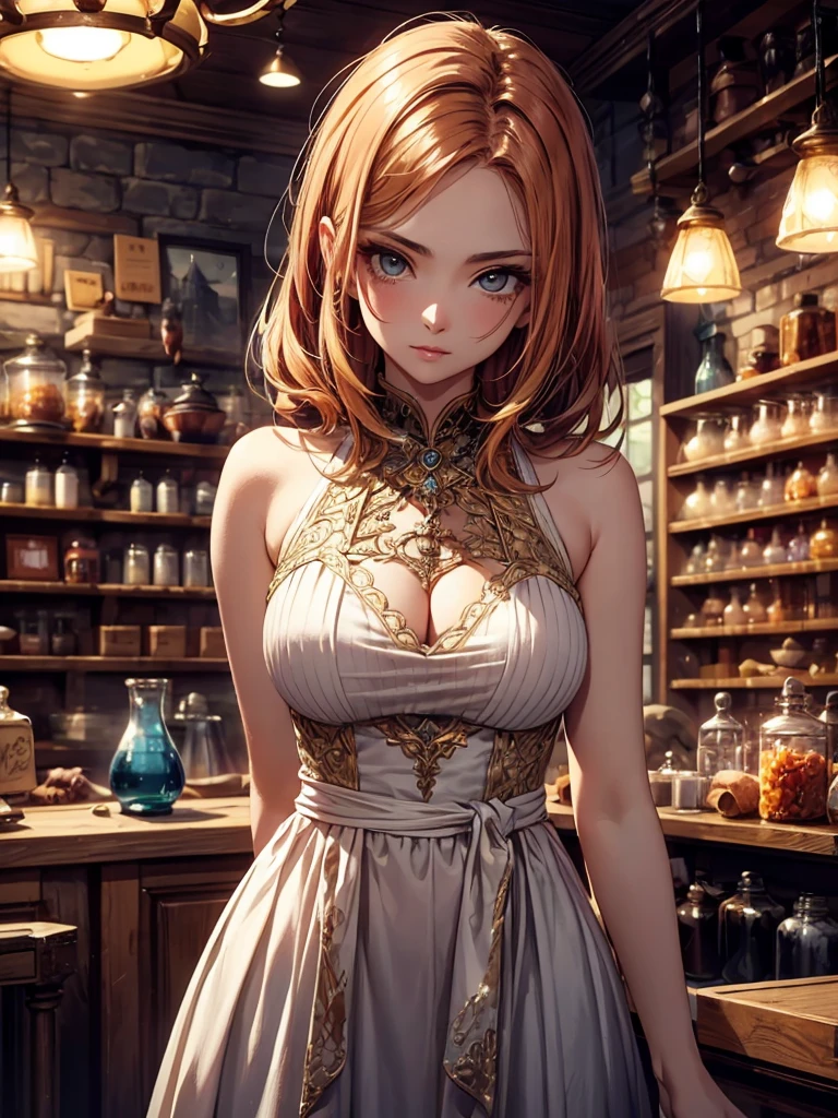 beautiful ginger women in detailed dress at cozy detailed potions shop, air above hair, IPA award wining, masterpiece, made with professional high quality camera, intense contrast, detailed painting matrix, sultry look, inviting expression
 sultry look, seductive,
