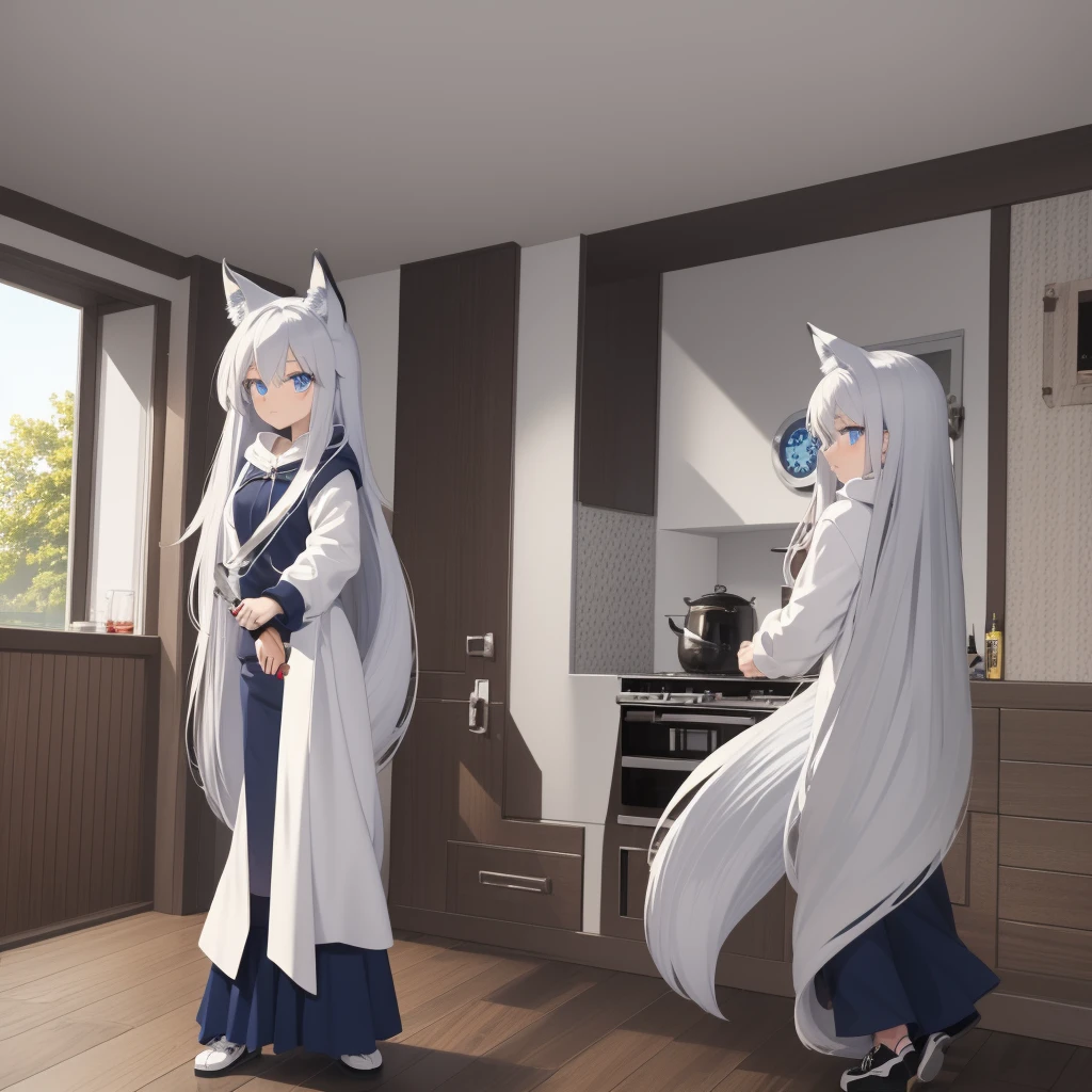 Fox girl,blue eyes,hoodie,long white hair,tail,holding a kitchen knife
