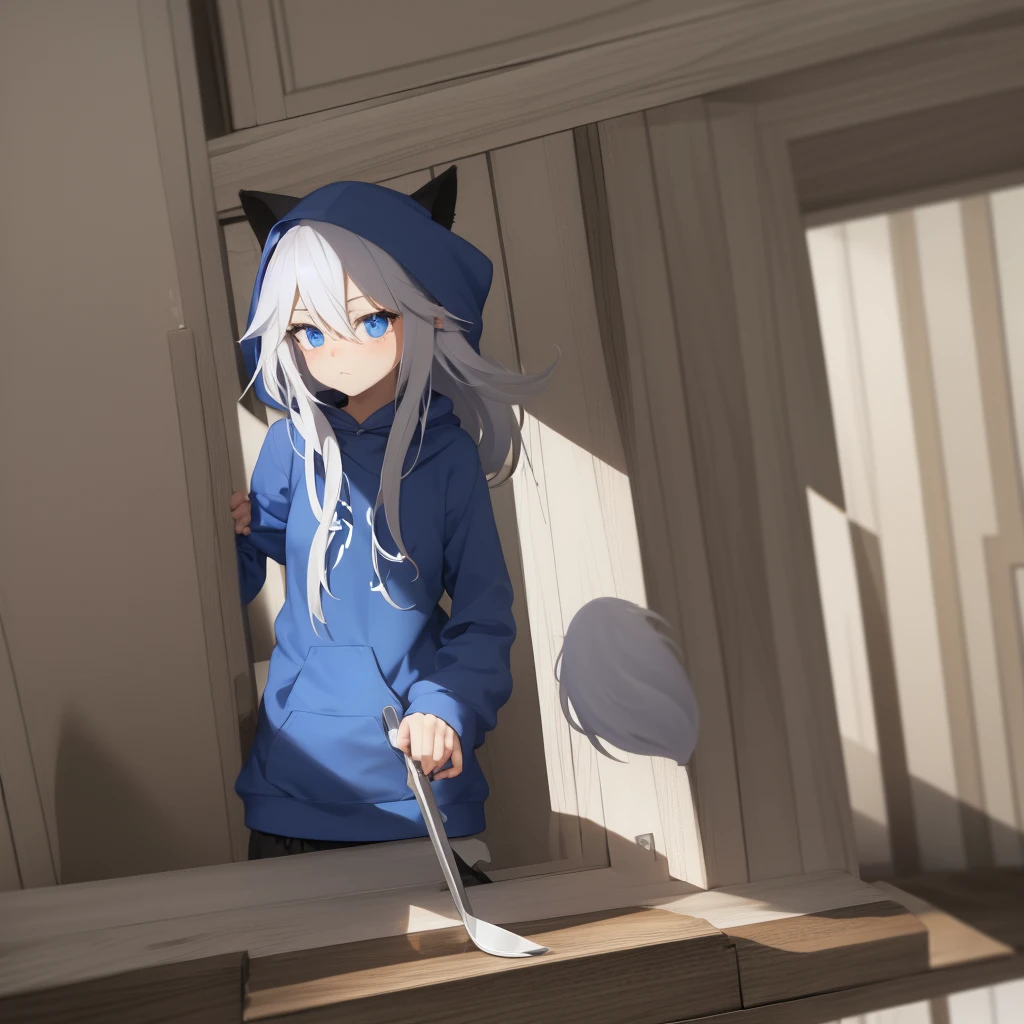 Fox girl,blue eyes,hoodie,long white hair,tail,holding a kitchen knife