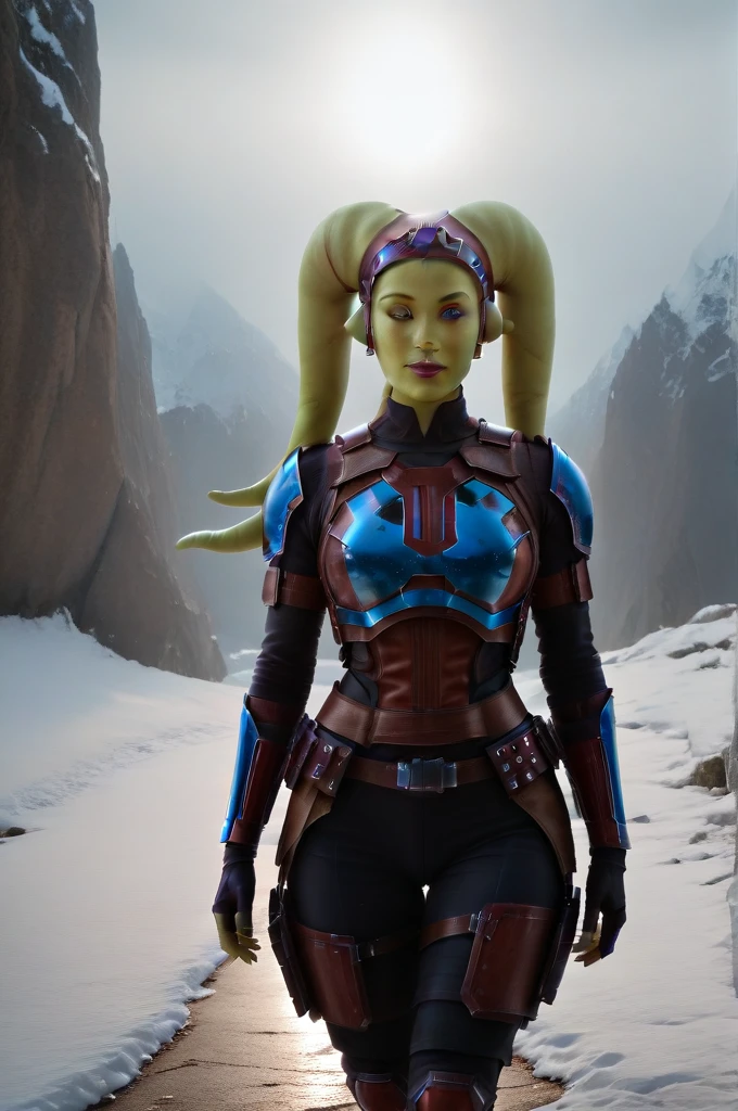 a ((fall body)) (((hera syndulla))) ((green skin )) ((female twi'lek ))mandalorian,walking on snow, ((green fire eyes )) , beautiful detailed eyes, beautiful detailed lips, extremely detailed face, long eyelashes, mandalorian armor, sci-fi, cinematic lighting, dramatic, epic, intricate details, hyper-realistic, 8k, high-quality, photorealistic
