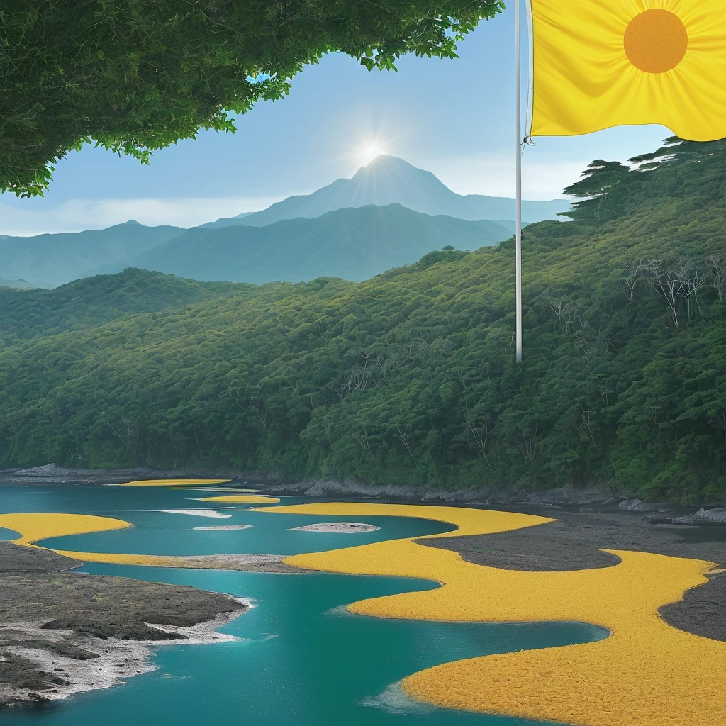 Green: Represents the rich rainforests and nature of Solestadia.

• Blue: Symbolizes the ocean and rivers of the country.

• Yellow: Symbolizes the sun, warmth and energy of the people.

• Design:

• The flag consists of three horizontal stripes of equal width.

• The upper band is green.

• The middle band is blue.

• The lower band is yellow.

• In the center of the flag is a white circle, inside which there is a stylized sun with sixteen rays that alternate in length (short and long), and the silhouette of the Andean mountains in the background.Green stripe: Denotes the natural wealth of the country and its tropical forests.

• Blue stripe: Symbolizes the country's water resources, including the ocean and rivers.

• Yellow stripe: Represents the solar heat and energy of the inhabitants of Solestadia.

• White circle with sun and mountains: Represents unity, light, power of nature and cultural heritage of the country.