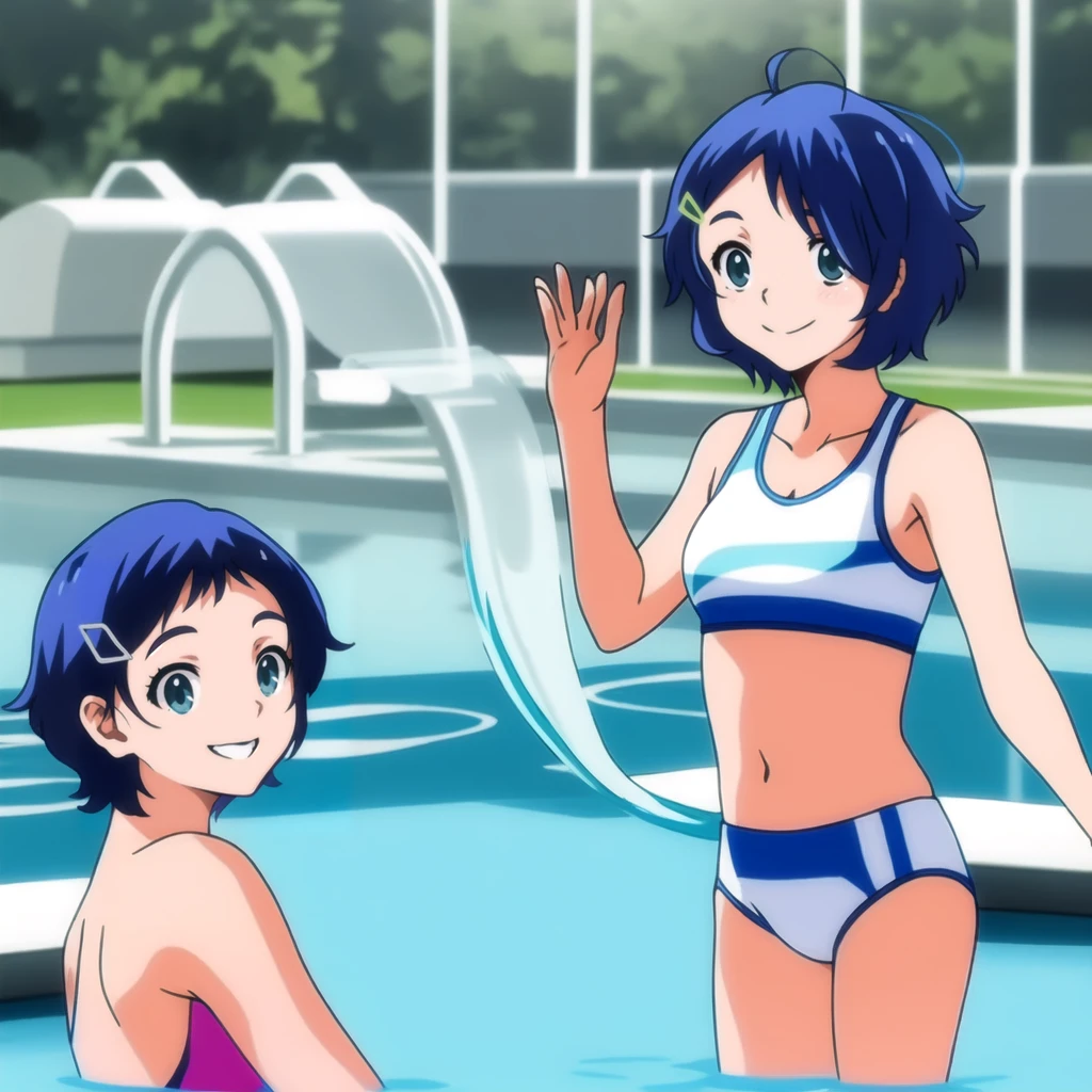 ai ohto, short hair,odo eyes, hairclip,White bikini , sports bra, smile, pool, (Water ripple effect around the body:1.3)