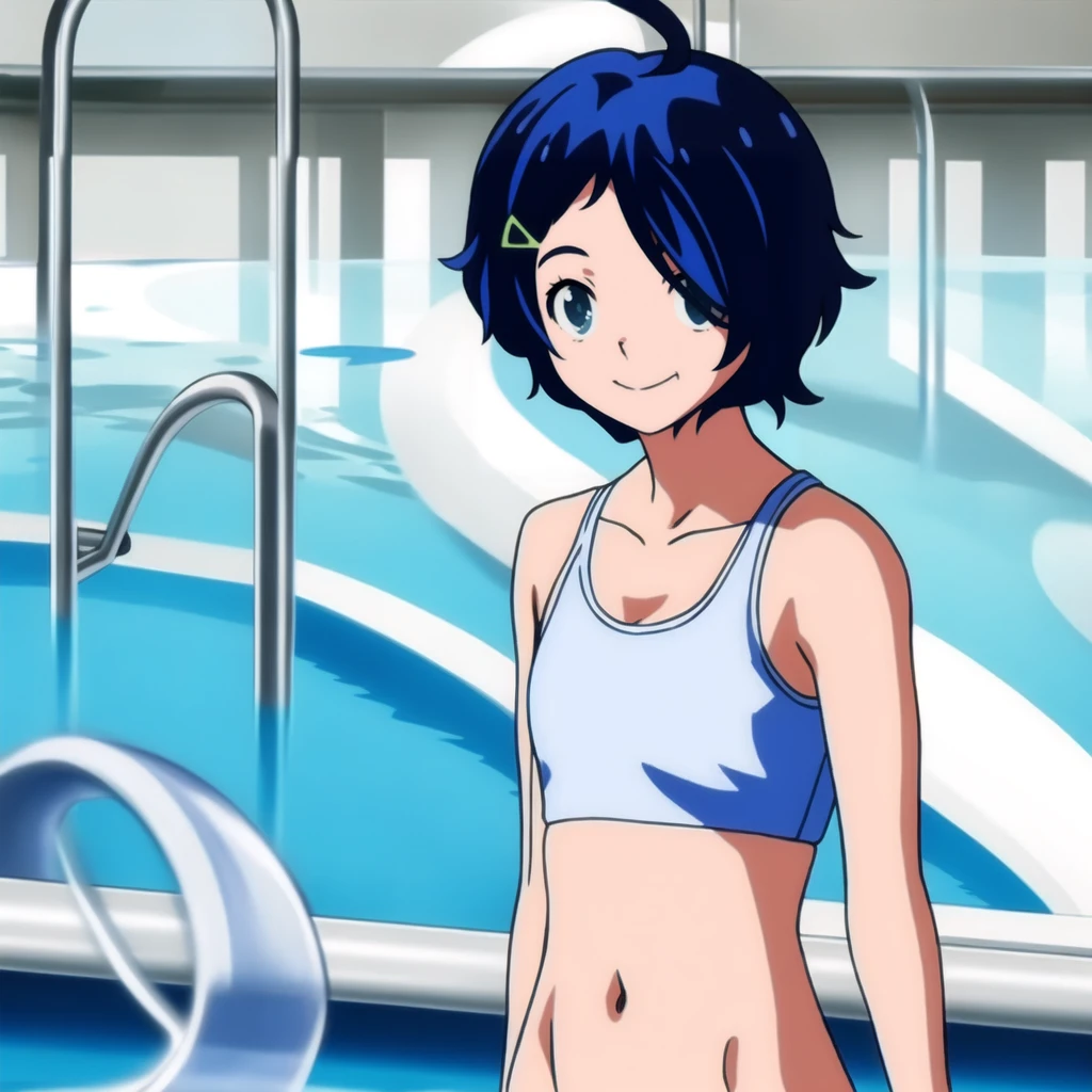 ai ohto, short hair,odo eyes, hairclip,White bikini , sports bra, smile, pool, (Water ripple effect around the body:1.3)