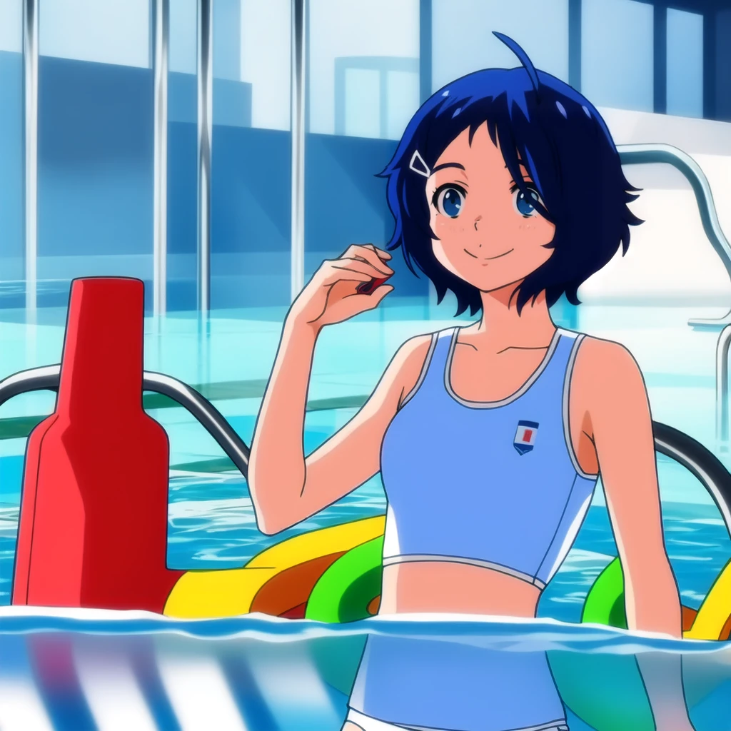 ai ohto, short hair,odo eyes, hairclip,White bikini , sports bra, smile, pool, (Water ripple effect around the body:1.3)