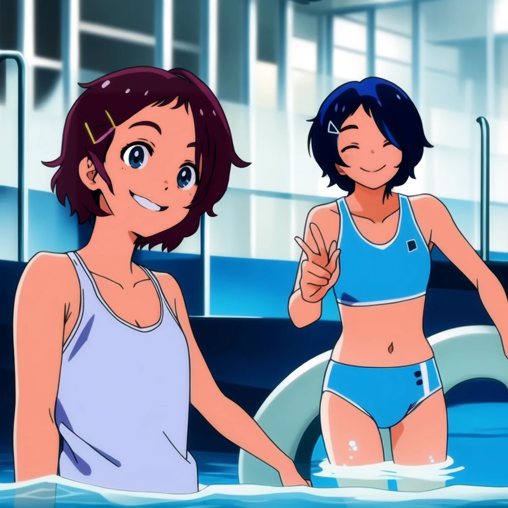 ai ohto, short hair,odo eyes, hairclip,White bikini , sports bra, smile, pool, (Water ripple effect around the body:1.3)