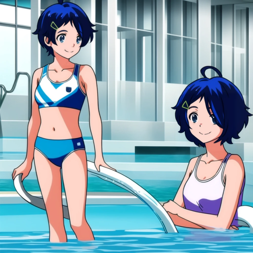 ai ohto, short hair,odo eyes, hairclip,White bikini , sports bra, smile, pool, (Water ripple effect around the body:1.3)