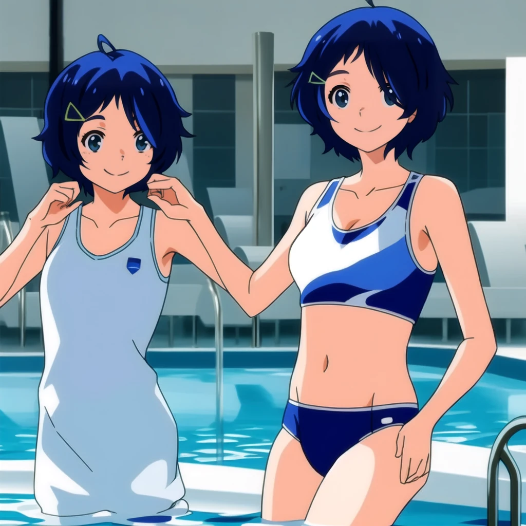 ai ohto, short hair,odo eyes, hairclip,White bikini , sports bra, smile, pool, (Water ripple effect around the body:1.3)