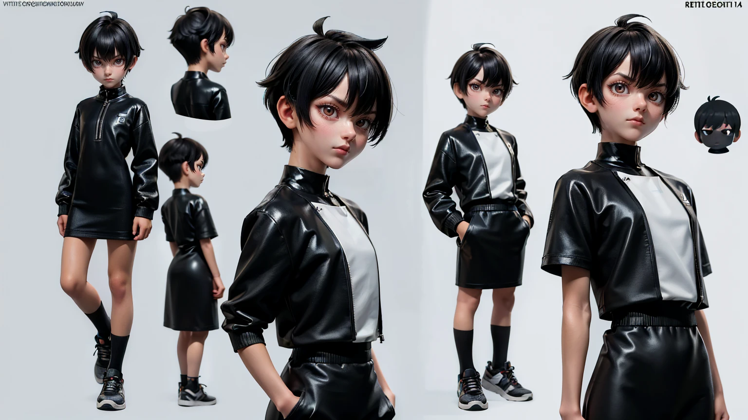 cute face boy, cute face, short height boy, wearing casual futuristic black color dress, black full body dress, full standing pose, Caesar Cut hairs, Caesar Cut  hair style, sports shoes, Character Sheet, 12 yo student, Full body, Simple white background, front straight pose character reference sheet, Concept art, design sheet