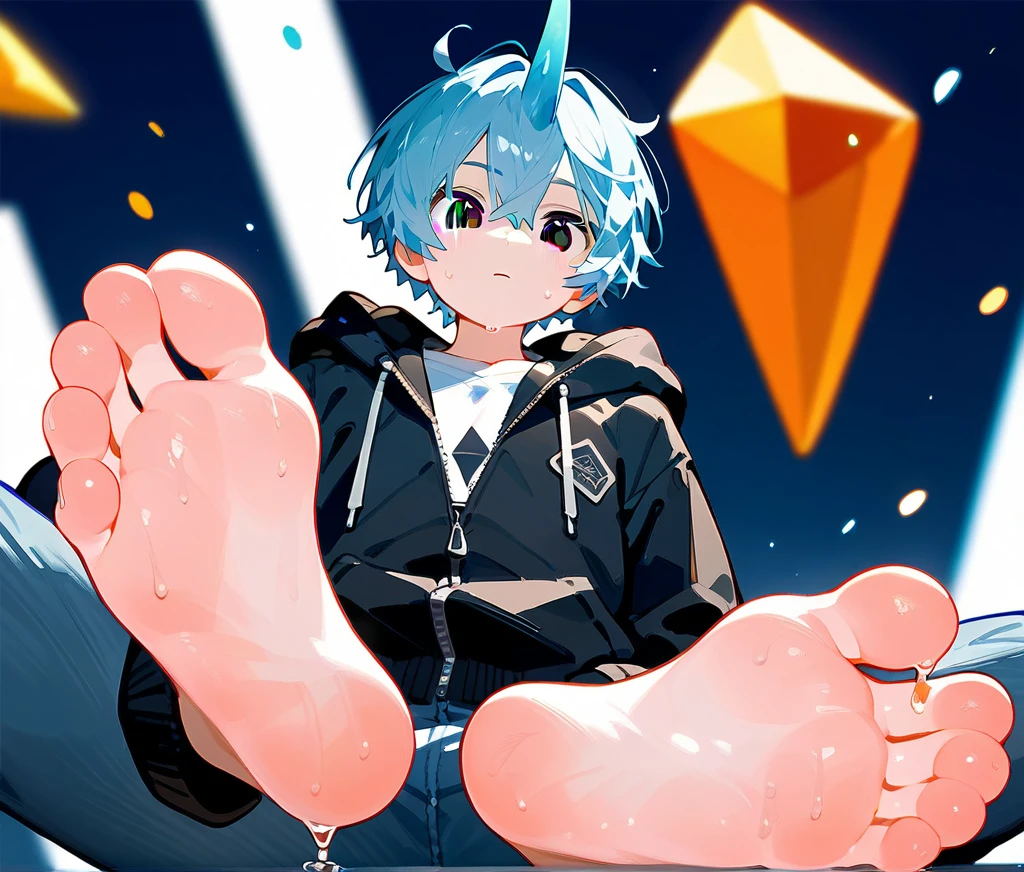 A cute boy showing his stinky feet low angle,barefoot,Sole,Sweating on the soles of the feet,Water dripping from the soles of feet,Foot Focus,White T-shirt,Wearing a white and black hoodie jacket,Unzipped hoodie jacket,Bangs between the eyes,short hair,Light blue hair,jeans,Anatomically correct, There is a diamond-like horn on the top of the head,Black eyes,Look at the audience,There is a single short blue horn in the middle of the head.,