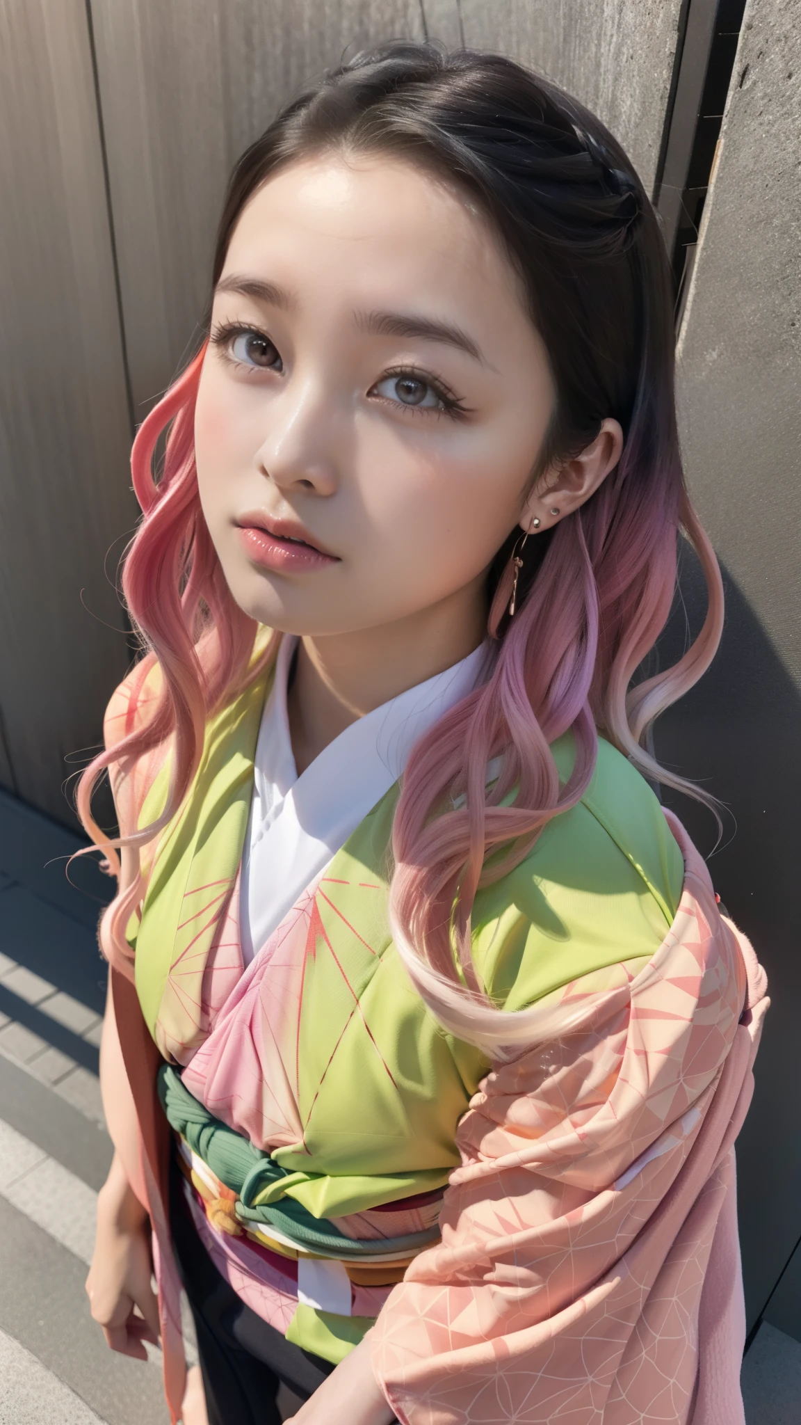 Cute Japanese woman, (16 years old), (Very cute face: 1.3), White moist skin, Looking at the camera, Melancholy expression,
BREAK,
Idol,
BREAK,
(Wearing cute kimono: 1.3), (Highly revealing kimono), Very large earrings, Short length,
BREAK,
(Fighting pose: 1.3),
BREAK,
(Long hair), (Pink hair: 1.2), (Wavy hair), (Gradient hair: 1.3), (Red hair at the ends),
BREAK,
(Realistic: 1.3), Masterpiece, Perfect lighting, (Ultra-high resolution), (8K), (Very detailed: 1.4), (From the front), (Full body: 1.3), (Symmetrical: 1.2),
BREAK,
(Japanese city streets: 1.2),
BREAK,
(Demon Slayer: 1.4),
BREAK,
(Hirose Suzu: 1.2),