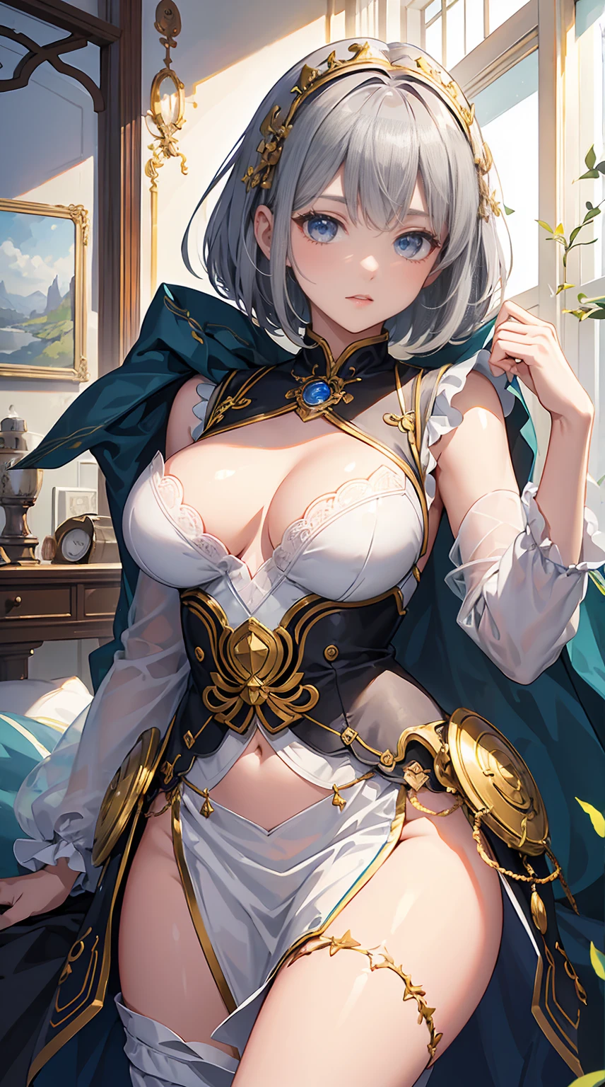 Highest quality、masterpiece、8k、Realistic、超High resolution、とても繊細で美Shii、High resolution、Fantasy World、Perfect female body、Neutral women、Gray Hair、short hair、Toned body、Large Breasts、White clothing that doesn't reveal much、White Cape、pants、boots、cigarette、Wild Pose、Full body emphasis、Simple Background、god秘的、Swordsman、god々Shii、battle、battle