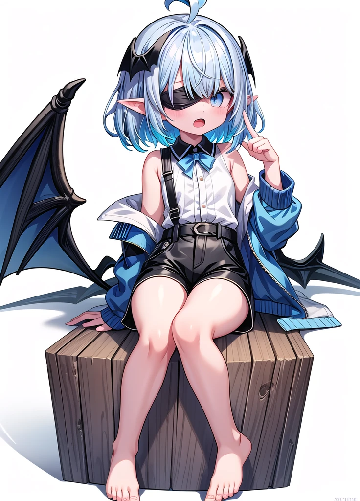 girl, solo, short hair, open mouth, bangs, simple background, shirt, long sleeves, white background, sitting, blue hair, jacket, full body, white shirt, ahoge, white hair, multicolored hair, wings, shorts, barefoot, pointy ears, hand up, feet, legs, short shorts, bare legs, toes, watermark, black shorts, bat wings, toenails, blindfold,