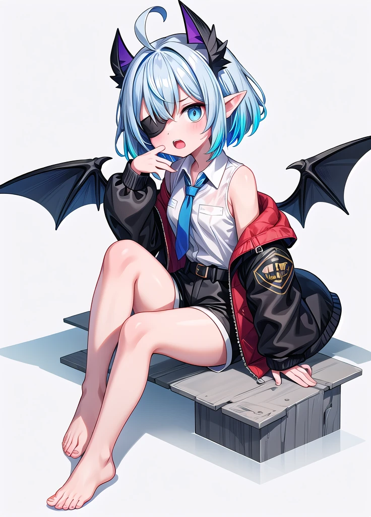 girl, solo, short hair, open mouth, bangs, simple background, shirt, long sleeves, white background, sitting, blue hair, jacket, full body, white shirt, ahoge, white hair, multicolored hair, wings, shorts, barefoot, pointy ears, hand up, feet, legs, short shorts, bare legs, toes, watermark, black shorts, bat wings, toenails, blindfold,