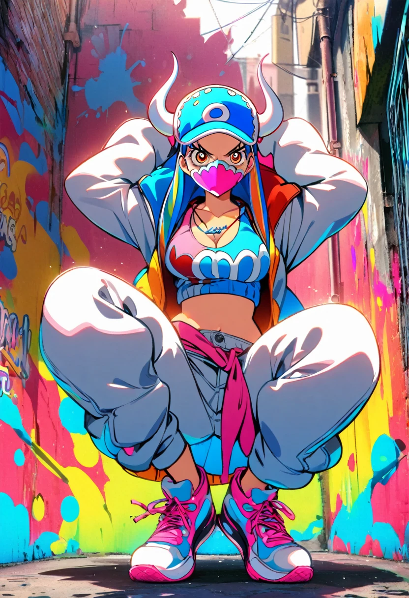 1girl, Ulti (One Piece), graffiti style, saturated colors, urban background,
dual horns, pink mask, spray paint texture,
graffiti-inspired hoodie, neon blue crop top,cap, baggy pants with graffiti patterns,
oversized jacket covered in colorful tags, string tie reimagined as spray paint necklace,
vibrant hair with paint splatter effect,
blending with colorful graffiti wall, dynamic pose,squatting,
street art atmosphere, masterpiece, best quality, absurdres