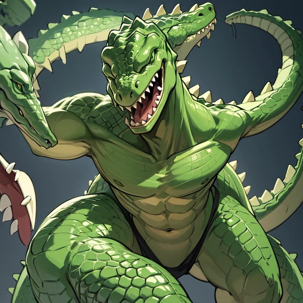 8k、((((No humans)))), reptiles,, green body, Crocodile human, Muscular,、(Irritated、Close your mouth)、Combat Stance、(Crocodile scales)、From below