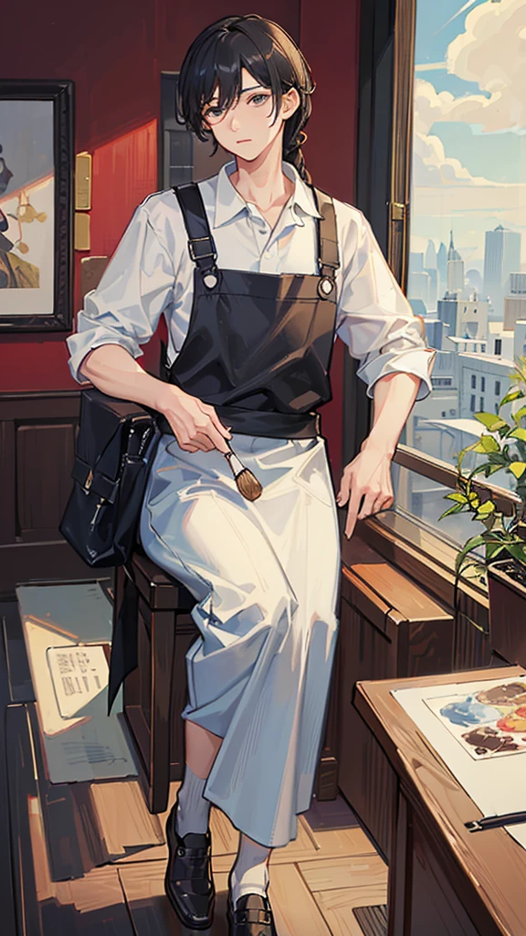 (Highest quality)), ((masterpiece)), (detailed),Background is an art gallery、I have a brush in my hand、painter、A man around 35 years old、A man with waist-length black hair tied back、Wearing a white shirt、Wearing a brown apron,Eye color is a calm blue、Where to go: Stylish museum。