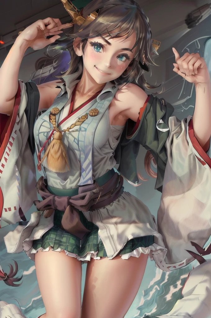 Highest quality, masterpiece, High resolution, alone, {Mount Hiei_Fleet Collection:1.15}, オレンジ色hair, hairband, headgear, Non-traditional_Shrine maiden, smile, green_eye, Inverted up_hair, smile, One Girl, dependent_sleeve, green_skirt, Plaid, Plaid_skirt, ribbon-trimmed_sleeve, ribbon_trim, skirt, Office Background, 