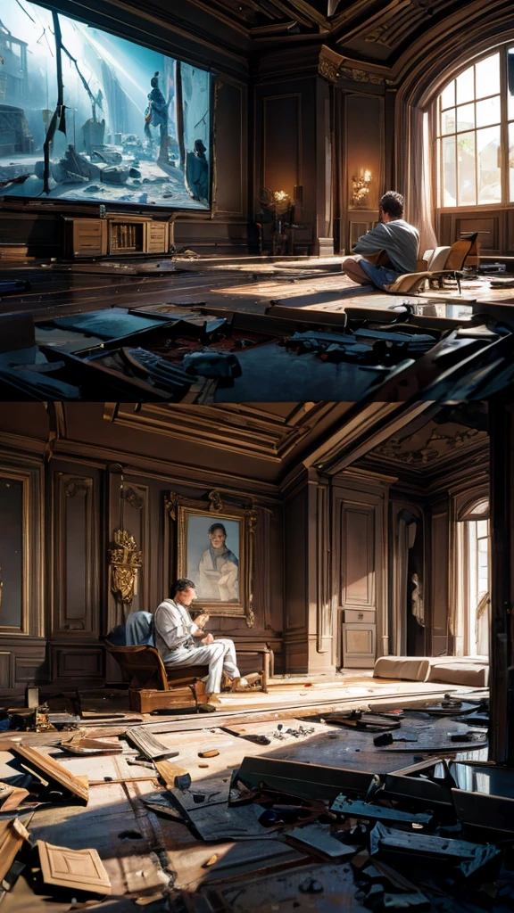 a men sitting watching tv in damaged room in summer, detailed men, detailed room, detailed tv, detailed sun rays, best quality, highly detailed, masterpiece, 8k scene.
