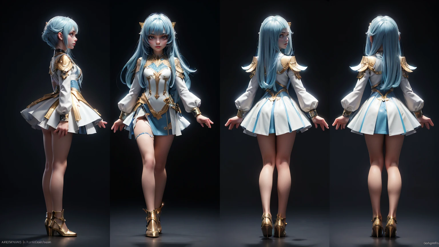girl, wearing a futuristic dress in hot blue color, wavy straight hair , red dress , gaming full straight standing pose, 14yo student, , Full body, girl, , Simple plain background, HD, standing, modern , front view, modern dresses, unique,+3 View prompt standing, 3 View Drawings, side and Front and back, Character Sheet, Full body, Simple white background, character reference sheet, Concept art, design sheet, Character Design, full body adoptable horizontal clear and blue hair