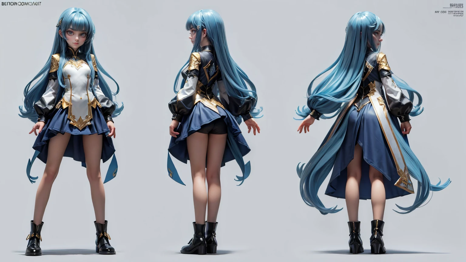 2D model reference sheet of tall chibi anime girl, short blue bangs, turnaround, Lisa BlackPink, black and blue goddess uniform, brown boots, red lipstick, beauty dot, front side and back views, three girls, gold