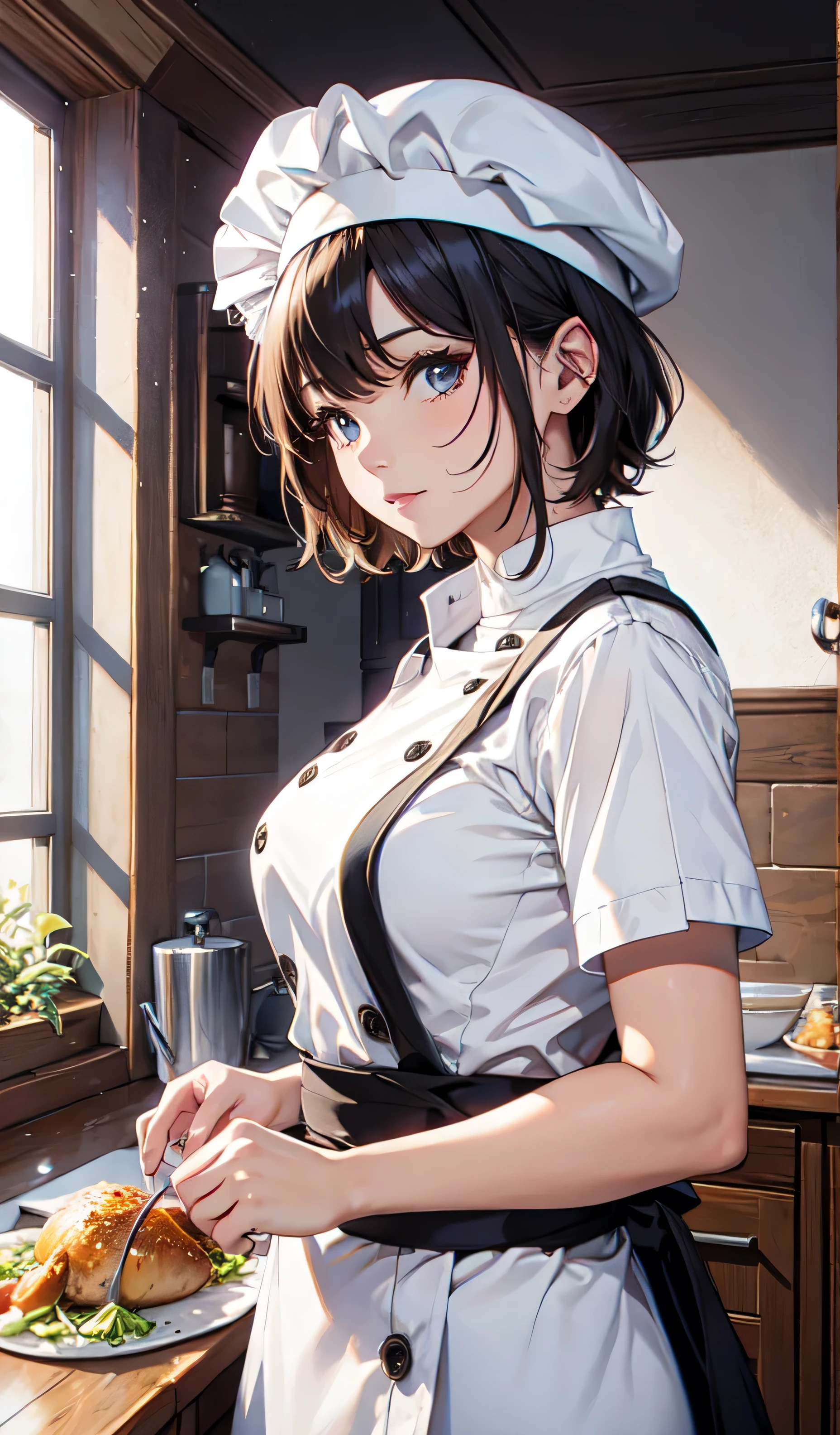 beautiful detailed girl, clear and beautiful, Chef in classic attire, short hair, chef hat