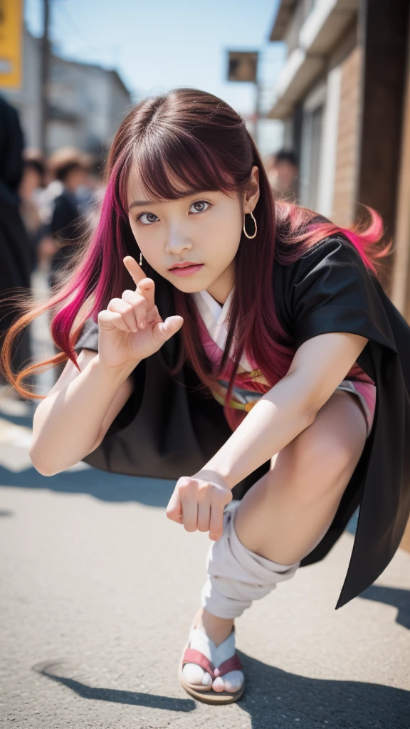 Cute Japanese woman, (), (Very cute face: 1.3), White moist skin, Looking at the camera, Melancholy expression,
BREAK,
Idol,
BREAK,
(Wearing cute kimono: 1.3), (Highly revealing kimono), Very large earrings, Short length,
BREAK,
(Fighting pose: 1.3),
BREAK,
(Long hair), (Pink hair: 1.2), (Wavy hair), (Gradient hair: 1.3), (Red hair at the ends),
BREAK,
(Realistic: 1.3), Masterpiece, Perfect lighting, (Ultra-high resolution), (8K), (Very detailed: 1.4), (From the front), (Full body: 1.3), (Symmetrical: 1.2),
BREAK,
(Japanese city streets: 1.2),
BREAK,
(Demon Slayer: 1.4),
BREAK,
(Hirose Suzu: 1.2),