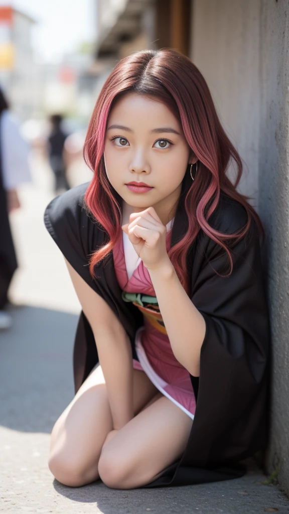 Cute Japanese woman, (16 years old), (Very cute face: 1.3), White moist skin, Looking at the camera, Melancholy expression,
BREAK,
Idol,
BREAK,
(Wearing cute kimono: 1.3), (Highly revealing kimono), Very large earrings, Short length,
BREAK,
(Fighting pose: 1.3),
BREAK,
(Long hair), (Pink hair: 1.2), (Wavy hair), (Gradient hair: 1.3), (Red hair at the ends),
BREAK,
(Realistic: 1.3), Masterpiece, Perfect lighting, (Ultra-high resolution), (8K), (Very detailed: 1.4), (From the front), (Full body: 1.3), (Symmetrical: 1.2),
BREAK,
(Japanese city streets: 1.2),
BREAK,
(Demon Slayer: 1.4),
BREAK,
(Hirose Suzu: 1.2),