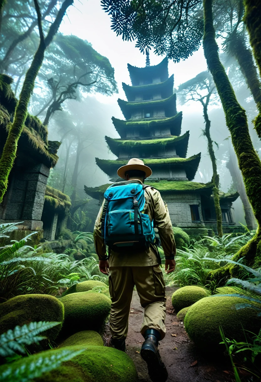 Close-up of a man wearing khaki adventure suit and hat as an explorer in the foreground (dynamic) Standing in the dense bushes of the mossy forest. There are ruins of ancient temple buildings hidden deep in the bushes. The fog is filled with ethereal mist shadows and glows.,vine(The middle emits blue light), nice images, high detail
體積光 生物發光 風格複雜藝術作品 大景深 電影化處理, Realistic magical fantasy scene highly detailed structure surreal, Digital art, high detail, HD