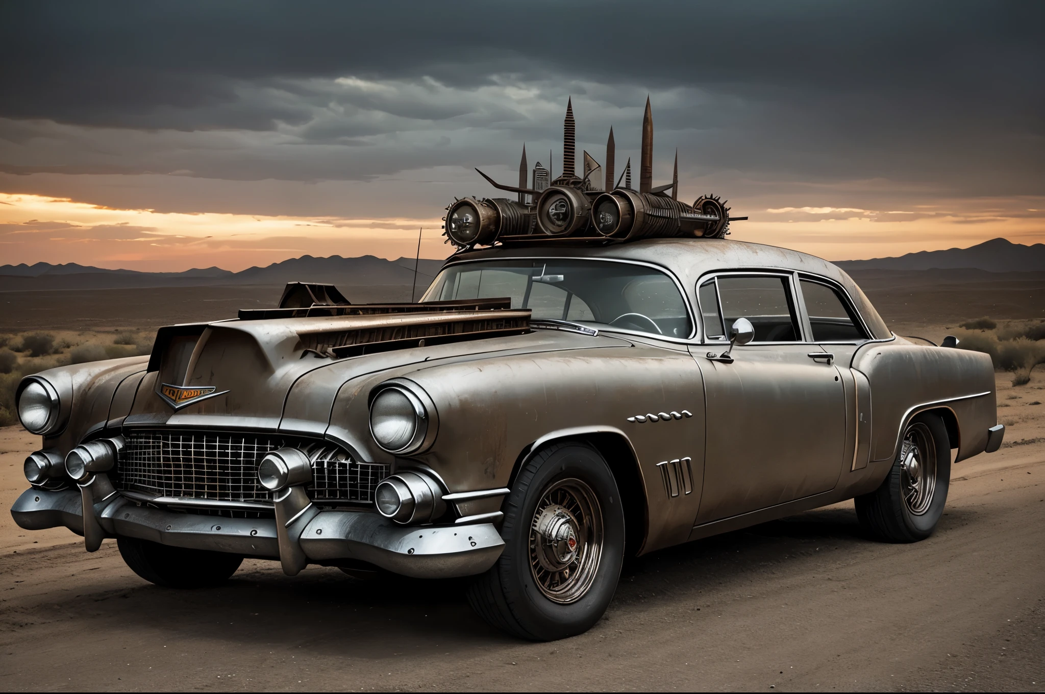 old rusty 1955 cadilac eldorado with spikes and spikes on the hood, steampunk car, dramatic art, dieselpunk art style, apocalyptic road warrior vibe, surreal digital art, mad max inspired, heavy metallic artwork, chrome face symmetry, arte steampunk digital, It&#39;s not the Mad Max style, metallic art, It&#39;s not Filip Hodas&#39; art style, steampunk digital art, dieselpunk
