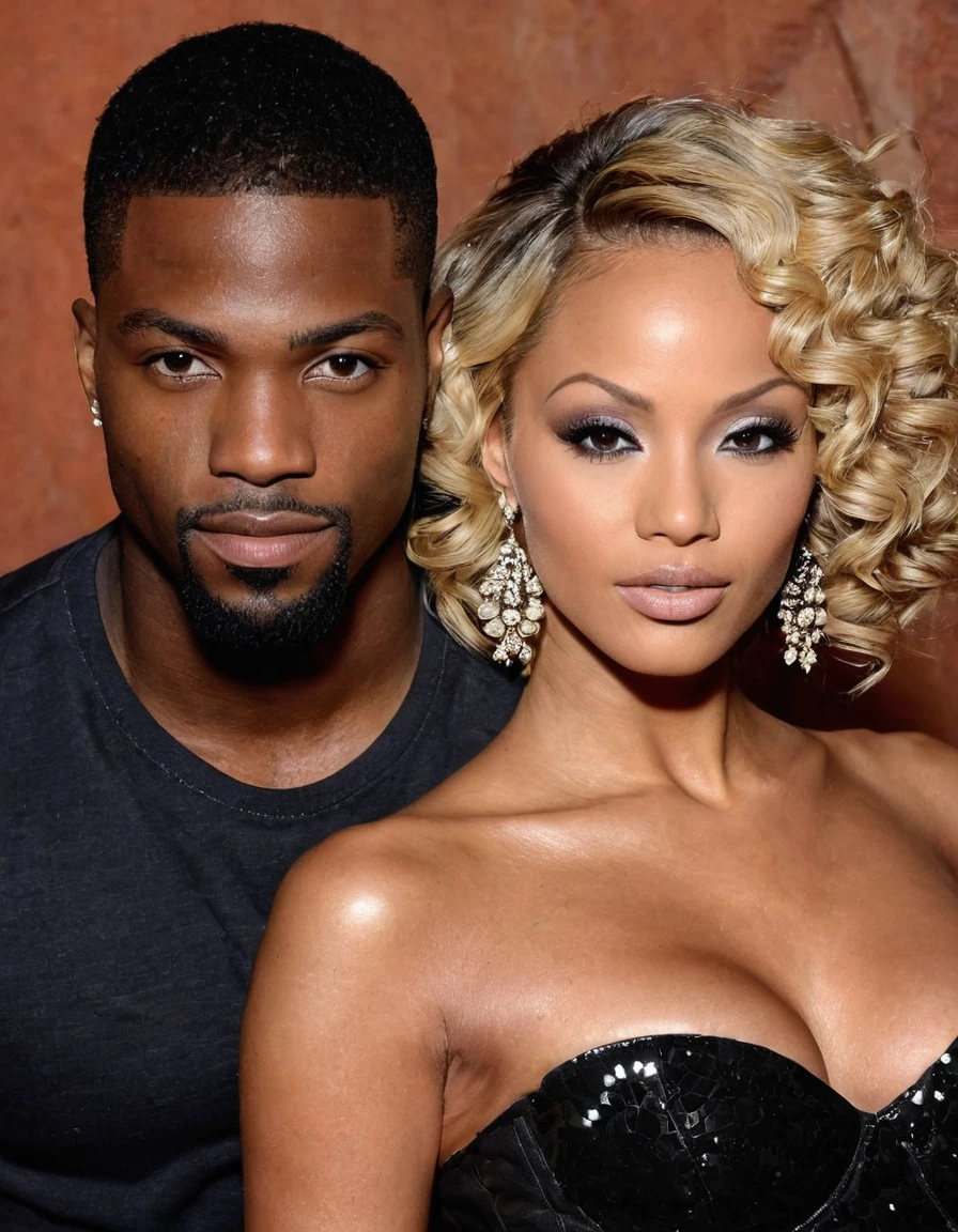Jana Cova et un bel homme afro-américain dont les traits du visage sont une combinaison de Broderick Hunter + Ray J partage un baiser torride dans une chambre éclairée uniquement aux chandelles. Jana a un joli maquillage sur son visage. la nuit. ambiance romantique. yeux symétriques. visages symétriques. De jolis détails. Photoréaliste. Photo en couleur. photo professionnelle. 8k très détaillé.