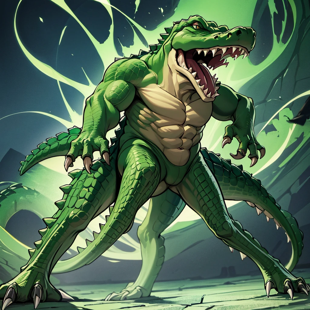 (Full body character concept)、8k、((((No humans)))), reptiles,, green body, Crocodile human, Muscular,、(Irritated、Close your mouth)、Combat Stance、(Crocodile scales)、From below