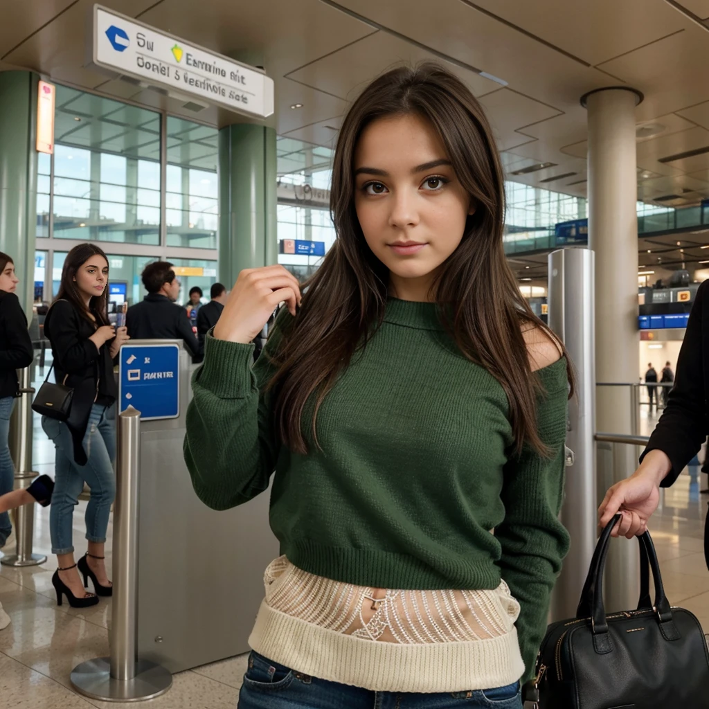 20-year-old European girl with warm brown eyes and a mischievous grin. night standing at the airport with luggage and smiling to the camera. She wears a longsleeve jacket and long trousers

